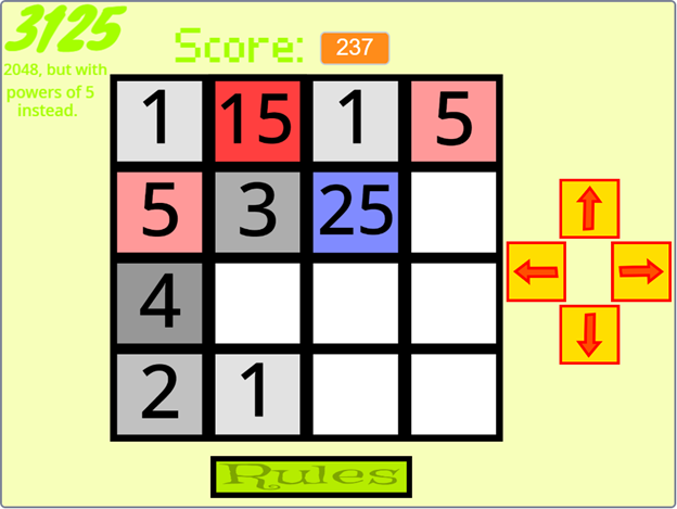 A 4x4 square grid. Some tiles are empty and white, others are numbered 1, 2, 3, 4, 5, 15, and 25. The 1, 2, 3, and 4 tiles are shades of grey, the 5s and 15 tiles are shades of red, and the 25 tile is light blue